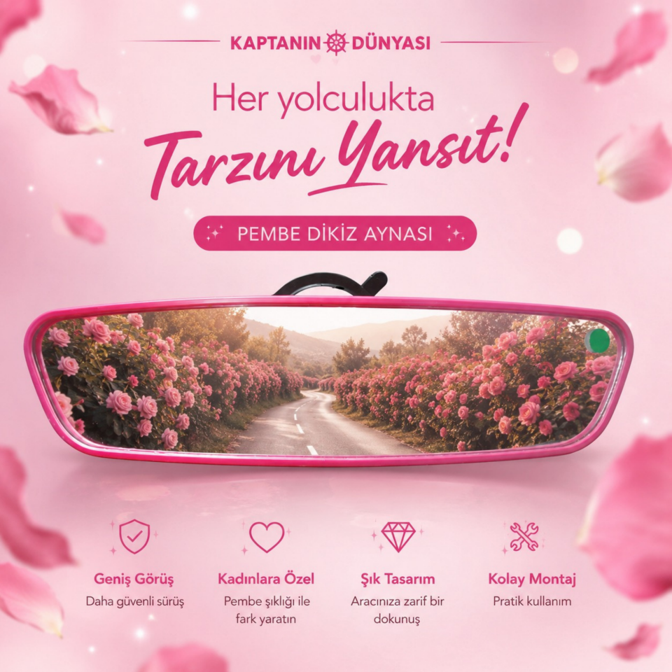 TAKGÖR Pırlanta-5 Vantuzlu Universal Dikiz Aynası 25x6 Cm Pembe